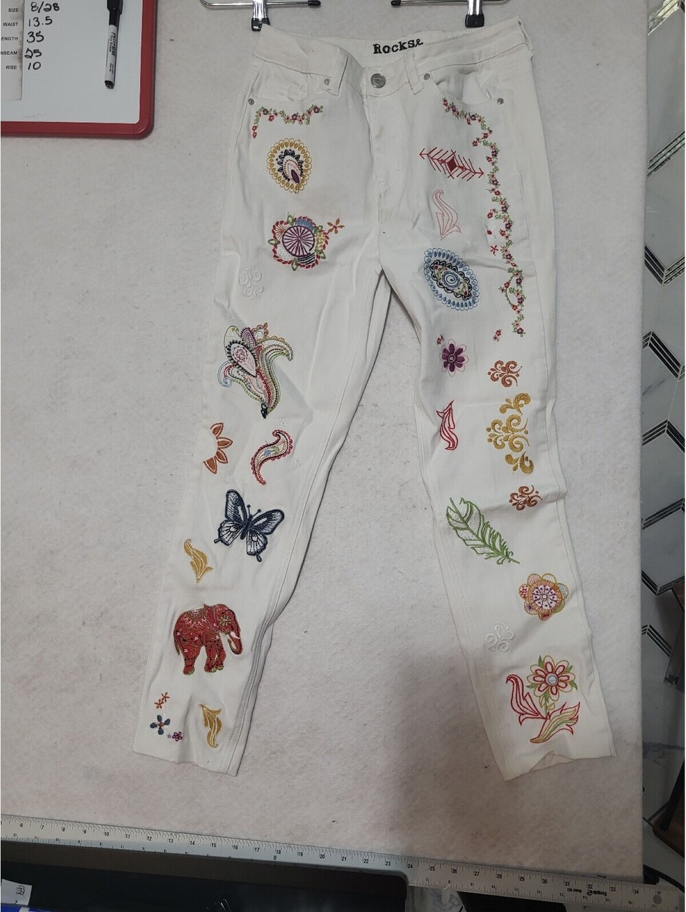 Rockstar White Skinny Jeans with Colorful Embroidered Designs, Size 8/28